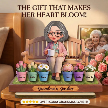 Personalized 2-Layer Wooden Plaque Grandma's Garden Bench Scene for Grandma, Sweet Family Keepsake Gift