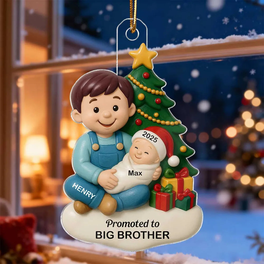 Personalized Acrylic Ornament, Big Sister or Big Brother Holding a New Baby by a Christmas Tree, Unique Sibling Gift