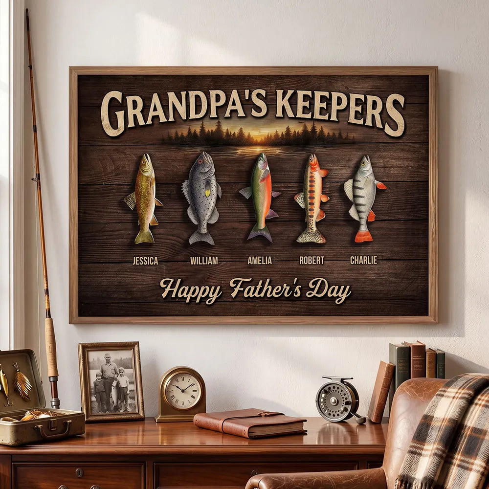 Grandpa's Keepers Poster, Custom Fishing Memory Art, Creative Gift for Grandpa & Dad
