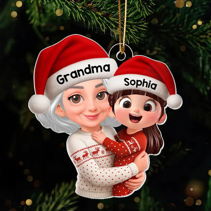 Christmas Acrylic Ornament - Grandma Hugging Grandkid in Santa Hats, Cute Cartoon Tree Decor, a Unique Gift for Family