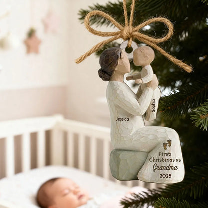 Personalized Wooden Ornament, Mom Holding Baby Sculpted Keepsake, Warm Neutral Rustic Decor, Unique Gift for New Mom or Grandma