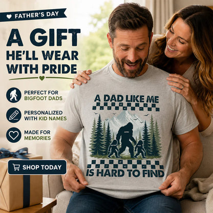 Personalized Classic Tee With Bigfoot Dad & Kids, Retro Forest Graphic, Unique Gift for Dad