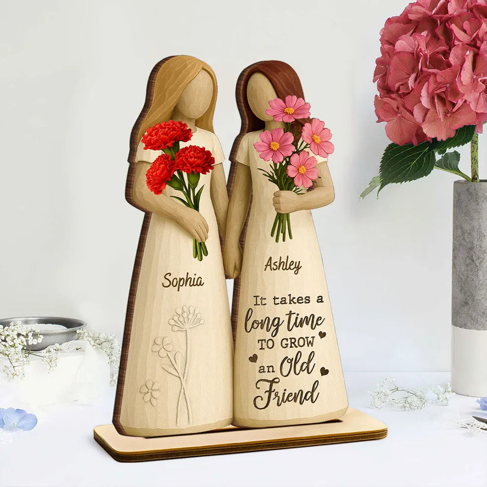 2-Layer Wooden Plaque for Best Friends – Hand-in-Hand figurine with flowers, cozy mantel décor and heartwarming keepsake, perfect gift to celebrate lifelong friendship