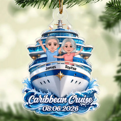 Personalized Acrylic Ornament, Waving Couple on Blue Cruise Ship, Unique Travel Gift for Couples