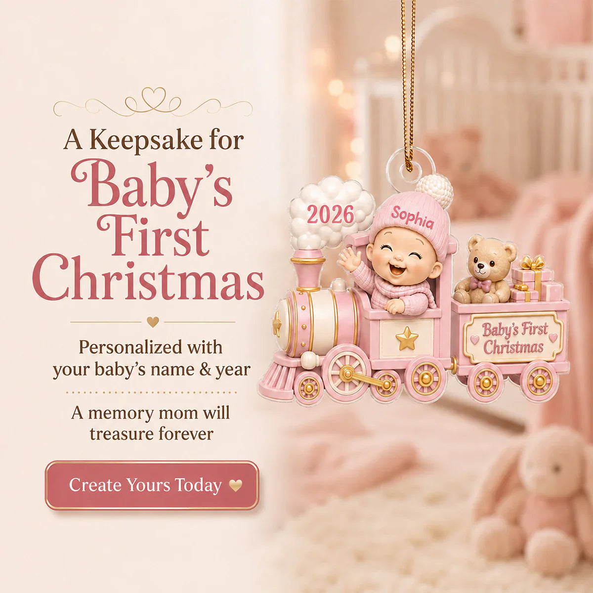 Personalized Acrylic Ornament, Waving Baby Toy Train First Christmas, Unique Gift for New Parents