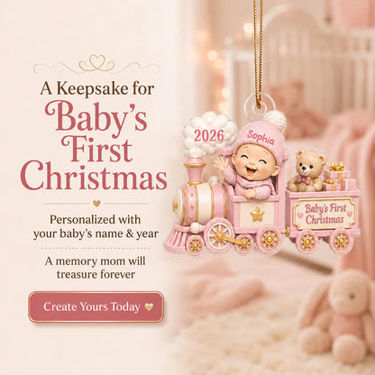Personalized Acrylic Ornament, Waving Baby Toy Train First Christmas, Unique Gift for New Parents