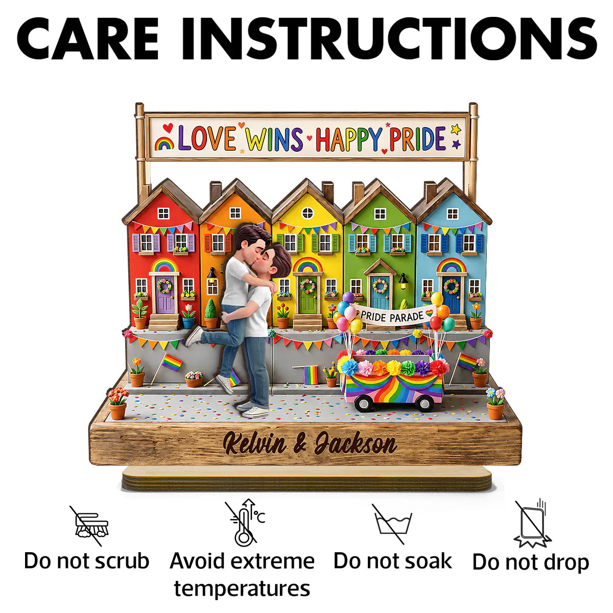 LGBT 2-Layer Wooden Plaque, Love Wins Rainbow Houses & Kissing Couple, Creative Gift for Partner