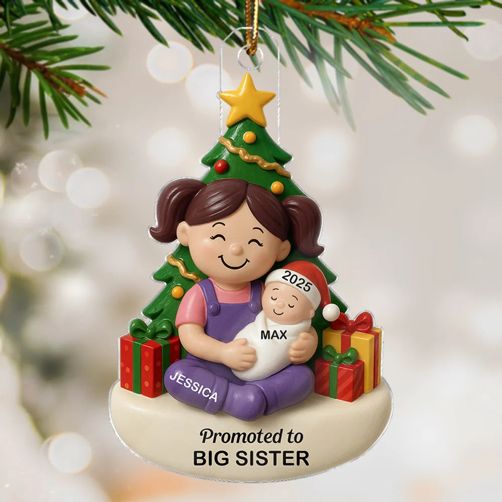 Personalized Acrylic Ornament, Big Sister or Big Brother Holding a New Baby by a Christmas Tree, Unique Sibling Gift