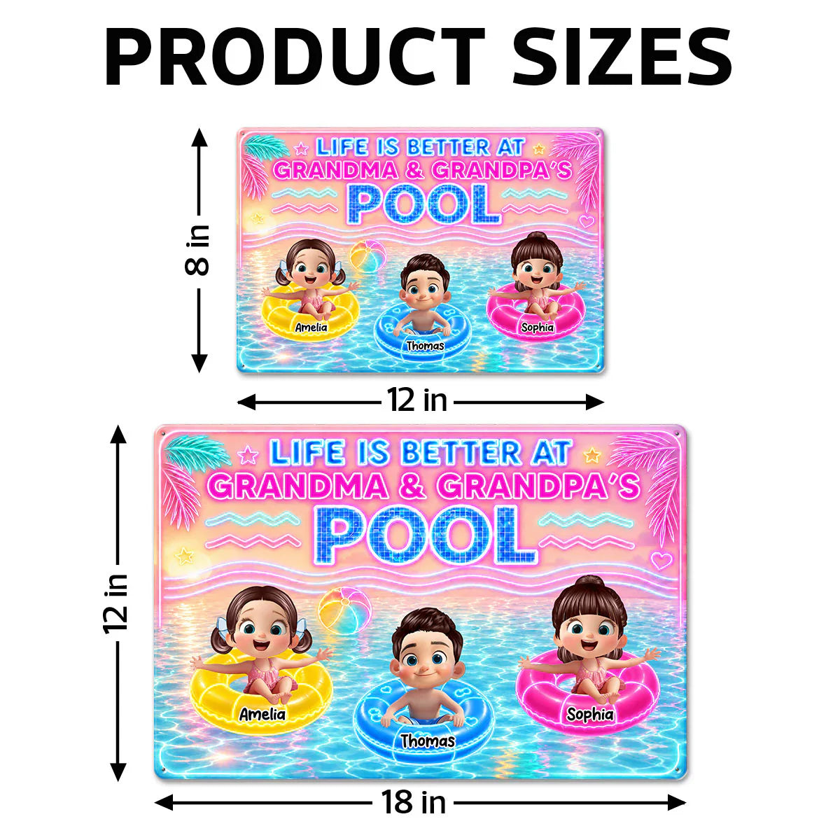 Custom Rectangular Iron Sign with Cartoon Kids in Pool, Creative Backyard Gift for Grandparents