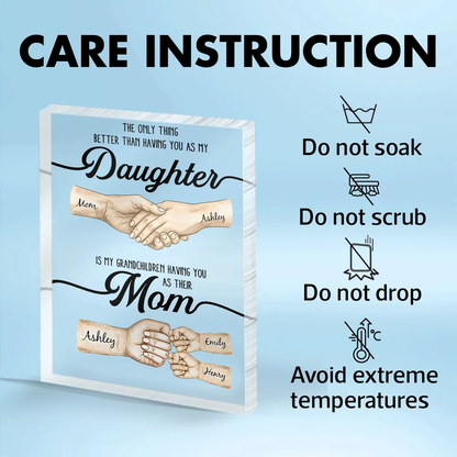 Personalized Rectangle Acrylic Block Plaque Handshake Mom Daughter Quote Desk Decor, Unique Mother's Day Gift