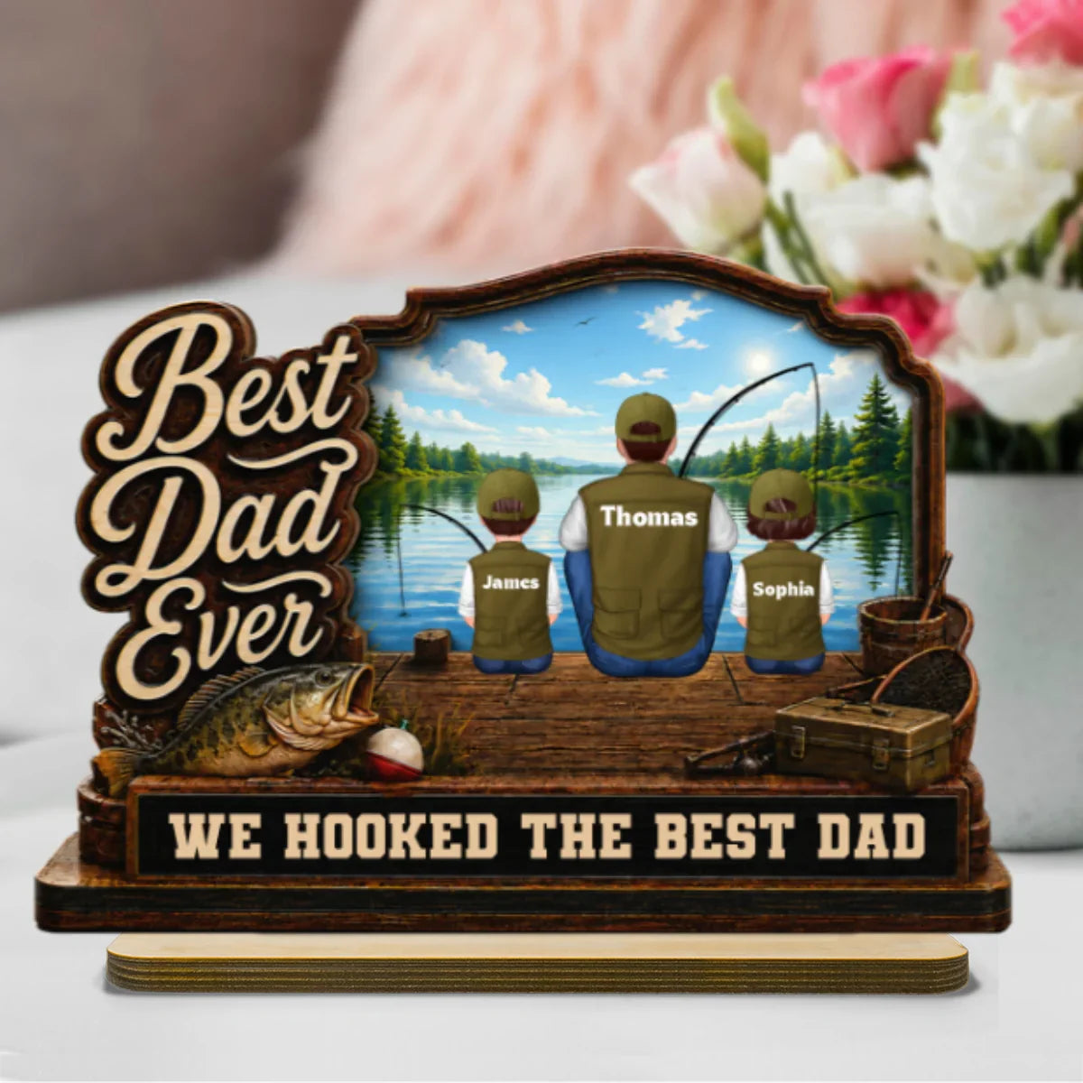 Best Dad Ever 2-Layer Wooden Plaque, Custom Fishing Lake Scene, Creative Gift for Papa