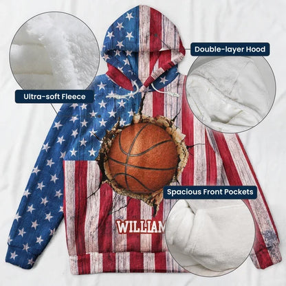 Personalized Youth Printed Flannel Hoodie, Vintage American Flag Baseball Design, Unique Gift for Young Players