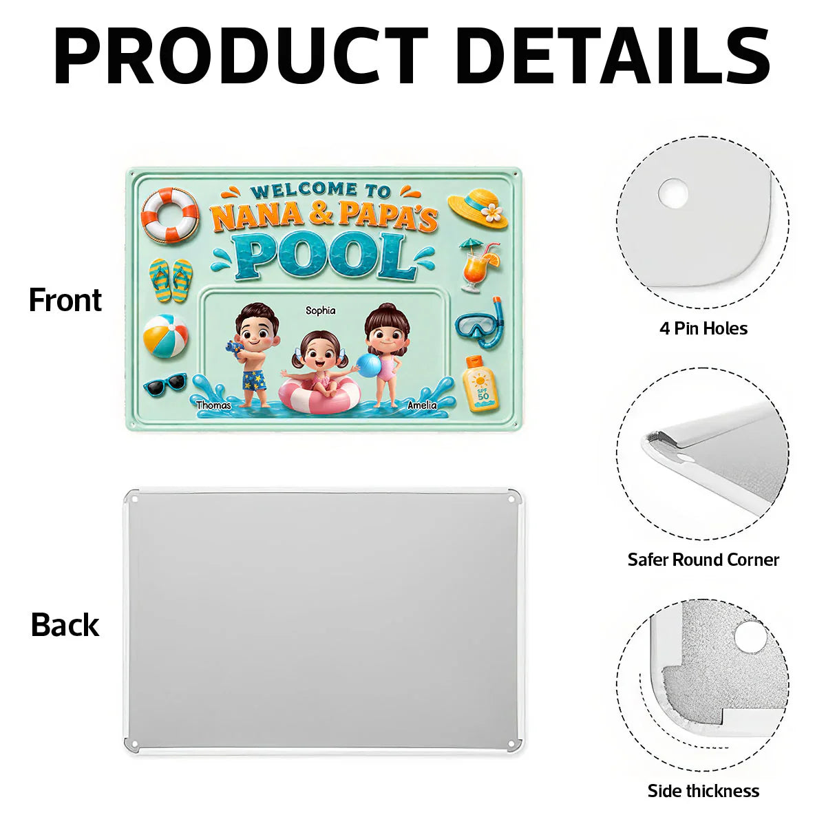 Personalized Rectangular Iron Sign, Nana & Papa's Poolside Kids, Unique Gift for Grandparents