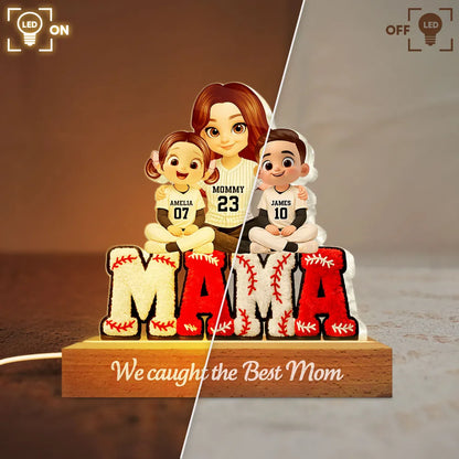 Block LED Light Plaque With Baseball Mama Hugging Kids, 'We Caught the Best Mom', Cozy Bedside Gift