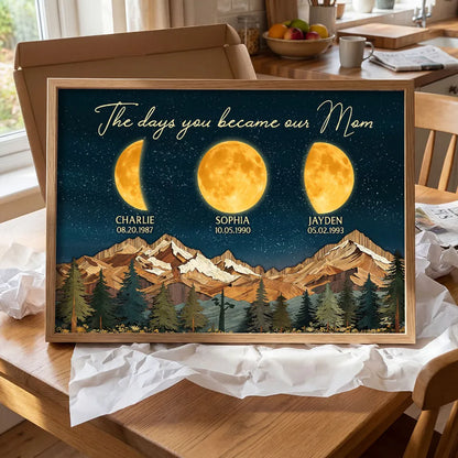 Personalized Moon Phase Mountain Night Sky Poster for Mom - The Day You Became Our Mom Wall Art, Unique Gift