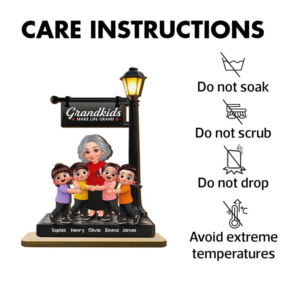 Personalized 2-Layer Wooden Plaque with Grandma and Grandkids Under Lamp Post, Sweet Family Keepsake, Unique Gift for Grandma