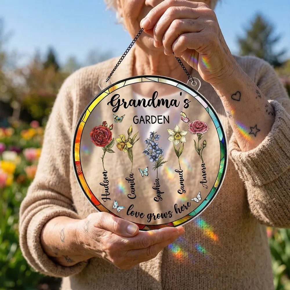 Grandma's Garden Love Grows Here Acrylic Suncatcher Ornament - Sunlight Reflection Window Decor, Thoughtful Personalized Gift
