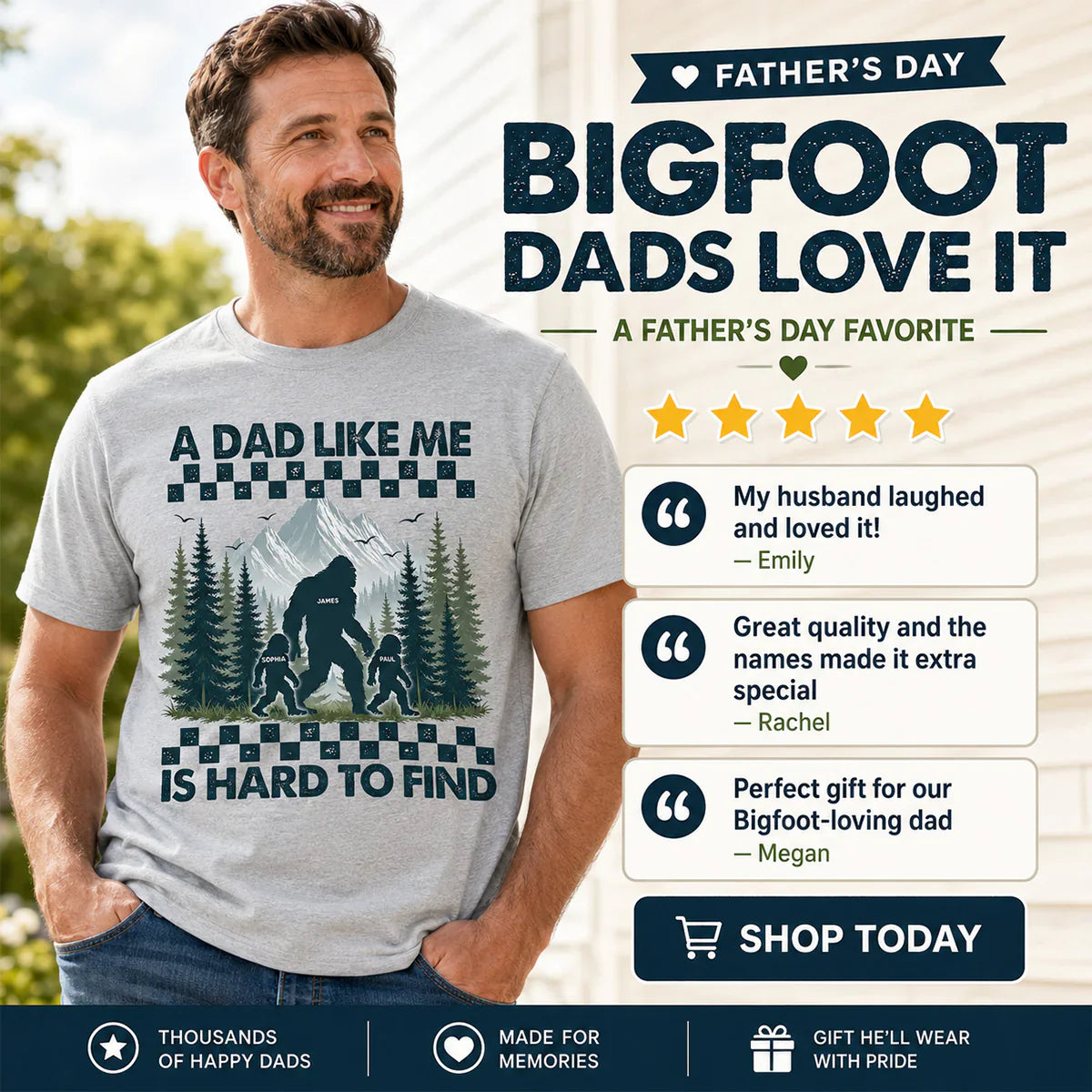 Personalized Classic Tee With Bigfoot Dad & Kids, Retro Forest Graphic, Unique Gift for Dad