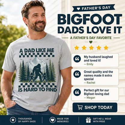Personalized Classic Tee With Bigfoot Dad & Kids, Retro Forest Graphic, Unique Gift for Dad