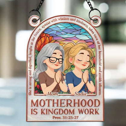 Wood and Acrylic Layered Ornament Personalized for Mom, Motherhood Is Kingdom Work Quote, Sweet Faith Filled Gift With Warm Color