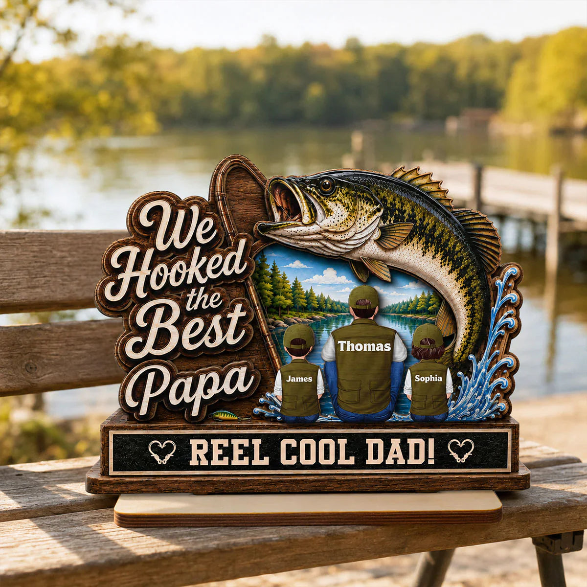 We Hooked the Best Papa 2-Layer Wooden Plaque, Warm Family Lake Scene, Creative Gift for Dad
