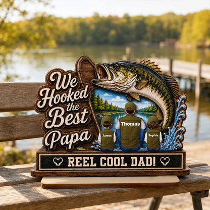 We Hooked the Best Papa 2-Layer Wooden Plaque, Warm Family Lake Scene, Creative Gift for Dad