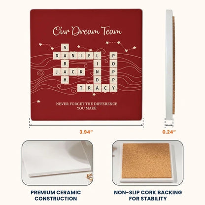 Personalized Round Ceramic Coaster with Team Crossword Design, Unique Coworker Gift for Office Desks