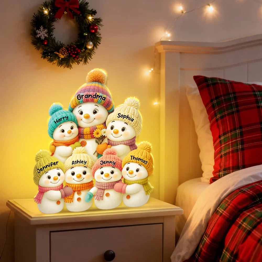 Snowman Grandma with Kids Acrylic Light Box, glowing winter family scene, heartwarming Christmas décor and perfect gift for grandma