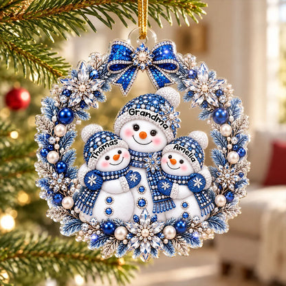 Personalized Acrylic Ornament, Blue and Silver Snowman Wreath, Unique Christmas Gift for Grandma