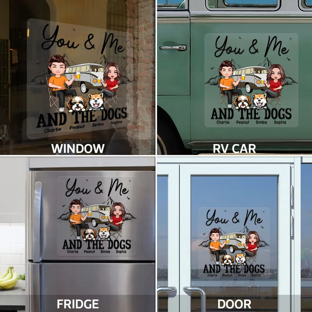 You & Me and the Dogs Sticker Decal, Custom Cartoon Camping Scene, Creative Gift for Couples