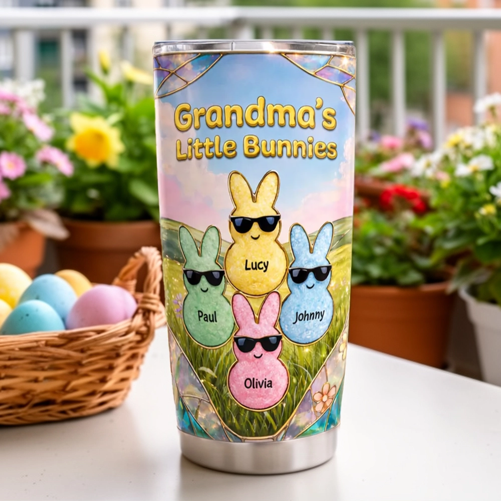 Grandma's Little Bunnies Insulated Travel Tumbler, Personalized Keepsake, Bright Pastel Easter Gift for Mom or Grandma