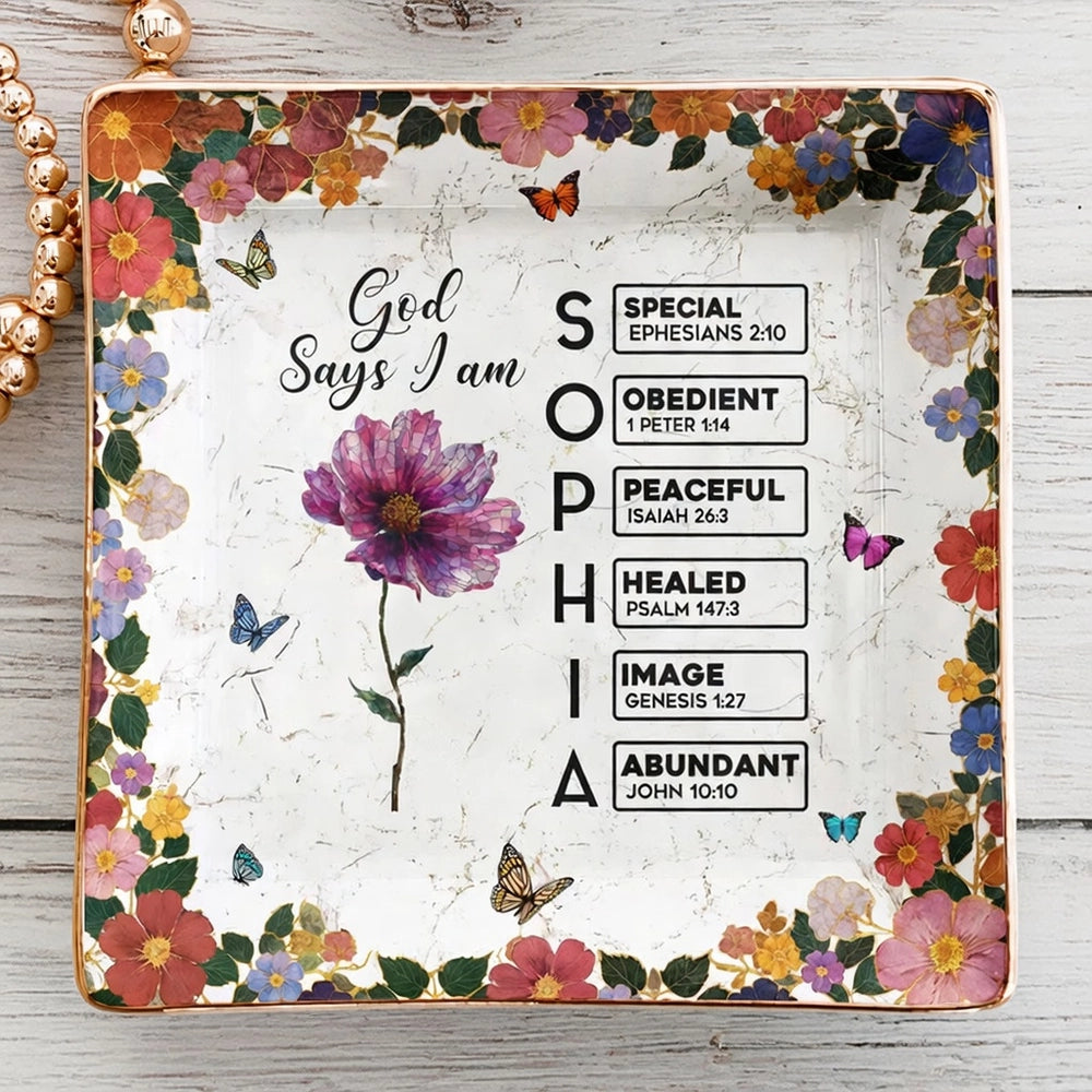 Personalized Jewelry Dish with God Says I Am Floral Scripture Design - Unique Christian Gift for Her Vanity Decor