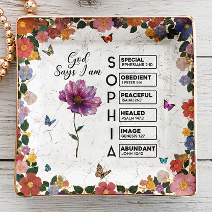 Personalized Jewelry Dish with God Says I Am Floral Scripture Design - Unique Christian Gift for Her Vanity Decor