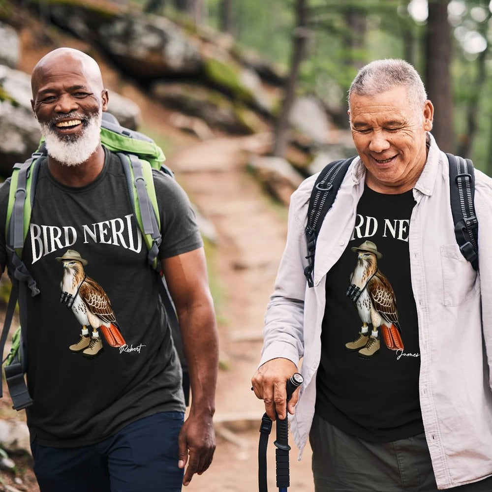 Personalized Bird Nerd Classic Tee with Owl in Hat and Binoculars, Funny Birdwatching Look, Unique Gift for Bird Lover
