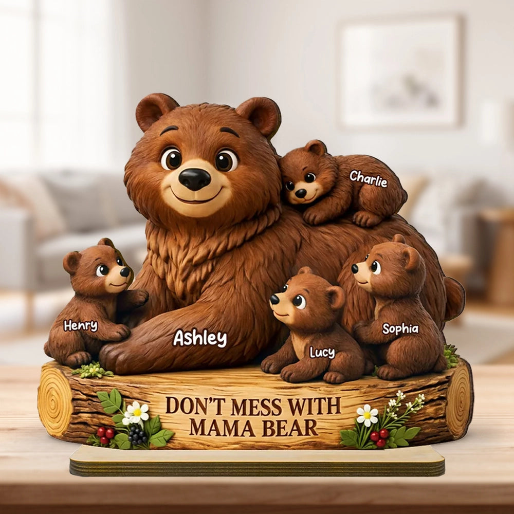 Personalized 2-Layer Wooden Plaque Mama Bear With Cubs, Unique Mother's Day Gift for Mom, Warm Family Keepsake Decor