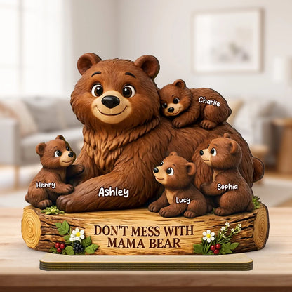 Personalized 2-Layer Wooden Plaque Mama Bear With Cubs, Unique Mother's Day Gift for Mom, Warm Family Keepsake Decor