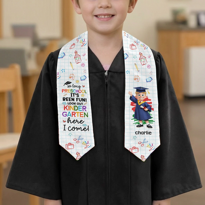 Personalized Preschool Graduation Polyester Satin Stole with Cute Cap Cartoon, Unique Gift for Pre-K to Kindergarten Memories