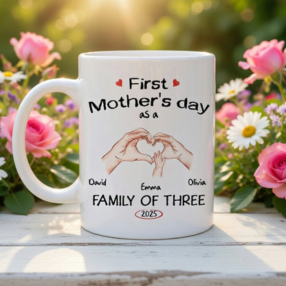 Personalized White Ceramic Mug for First Mother's Day, Family of Three Heart Hands, Unique Custom Gift for New Mom