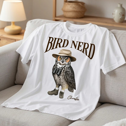 Personalized Bird Nerd Classic Tee with Owl in Hat and Binoculars, Funny Birdwatching Look, Unique Gift for Bird Lover