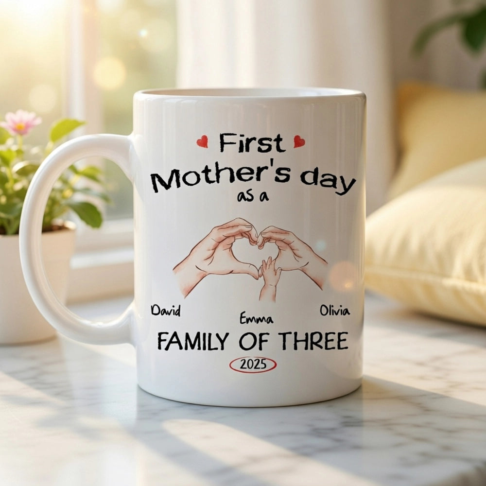 Personalized White Ceramic Mug for First Mother's Day, Family of Three Heart Hands, Unique Custom Gift for New Mom