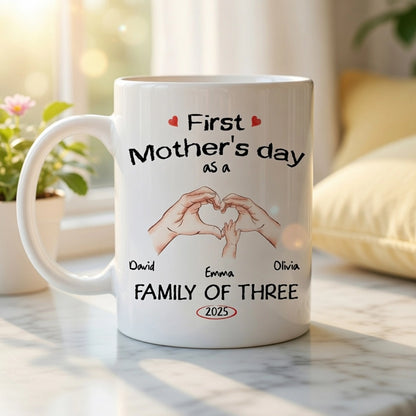 Personalized White Ceramic Mug for First Mother's Day, Family of Three Heart Hands, Unique Custom Gift for New Mom