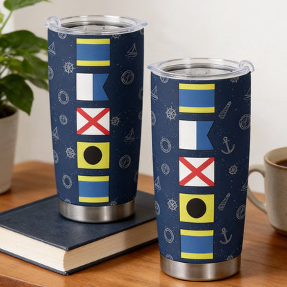 Navy Nautical Signal Flag Insulated Travel Tumbler, Personalized for a One of a Kind Gift - Sleek Travel Friendly Cup