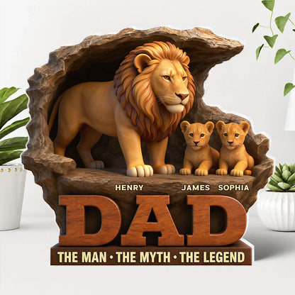 Personalized Shaped Acrylic Block Plaque With Standing Lion Dad & Cubs, Unique Father's Day Gift for Dad's Desk