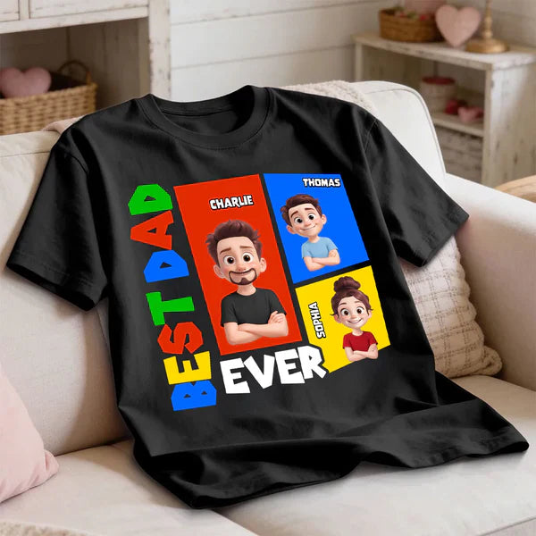 Personalized Dad Arcade Classic Tee, Colorful Cartoon Portraits, Unique Creative Gift for Dad