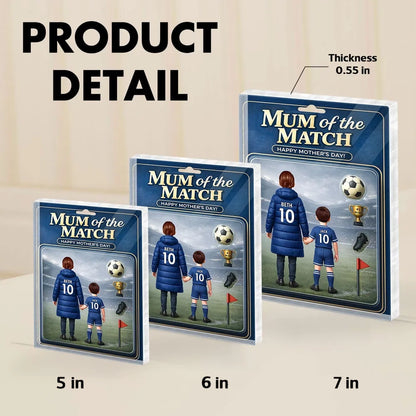 Personalized Rectangle Acrylic Block Plaque Mum of the Match Soccer Mom and Kid Holding Hands Stadium Scene Unique Mother's Day Gift