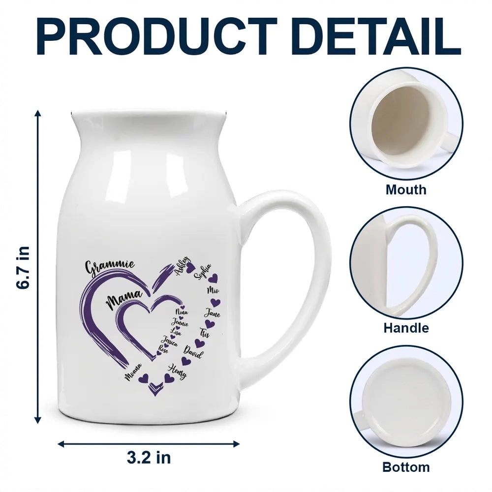 Personalized Handled Vase with Heart Family Names, Sweet Mom Grandma Gift for Dining Table or Entryway Decor