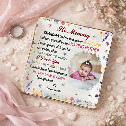 New Mom Jewelry Dish with Baby Photo, Floral Border Design, Sweet Keepsake Catchall, Unique Mother's Day Gift