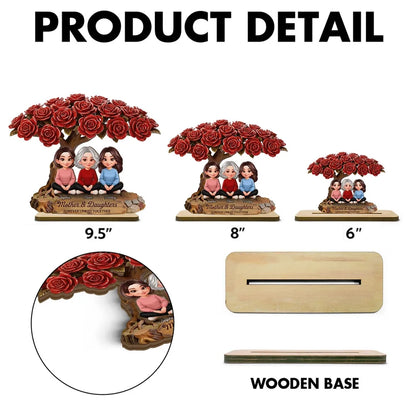 Personalized 2-Layer Wooden Plaque Rose Tree Mom and Daughters Cute Cartoon Keepsake, Unique Gift for Mom