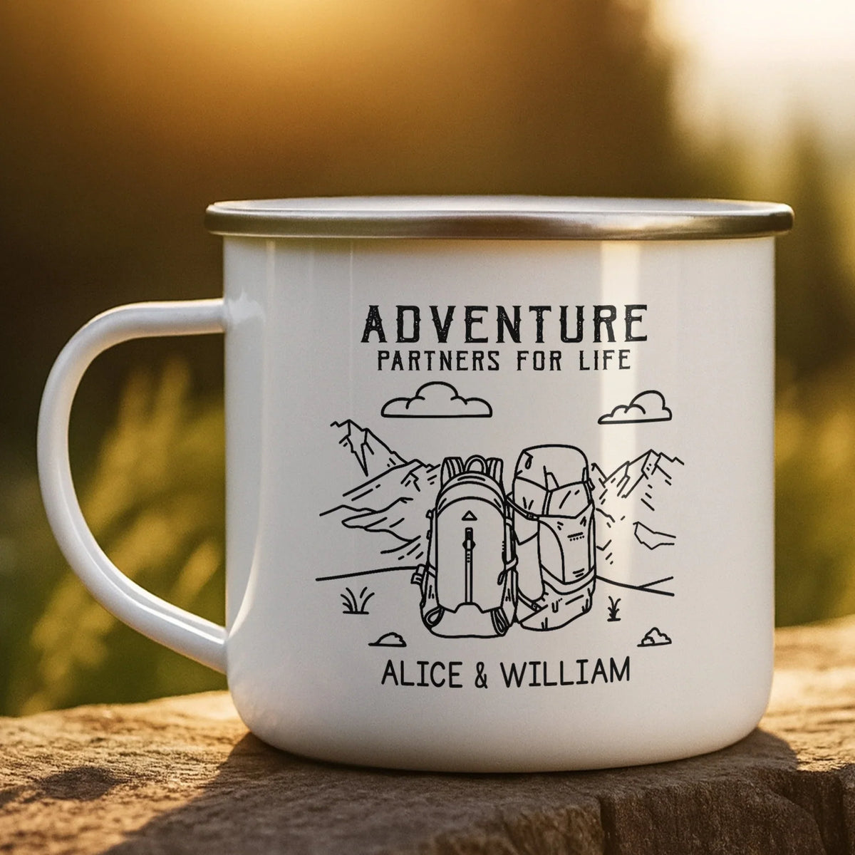 Personalized Enamel Mug, Couple Holding Camping Design, Creative Gift For Adventure Partners