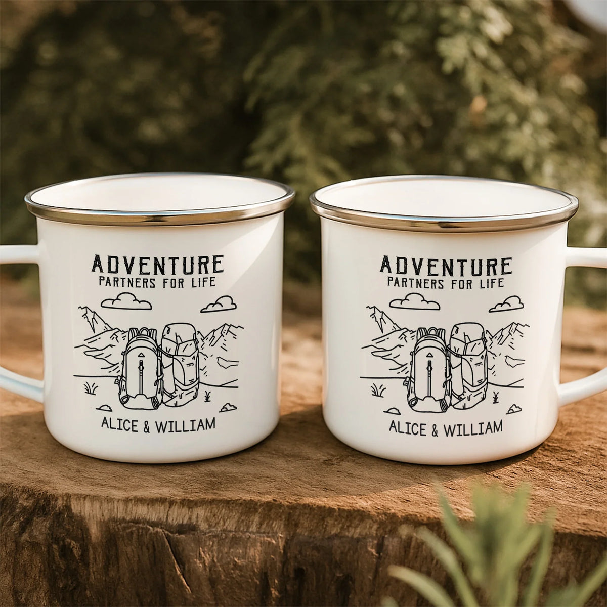 Personalized Enamel Mug, Couple Holding Camping Design, Creative Gift For Adventure Partners